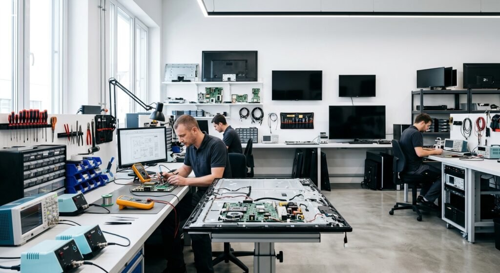 Interior view of a professional television repair shop with tools and equipment.
