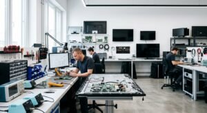 Interior view of a professional television repair shop with tools and equipment.